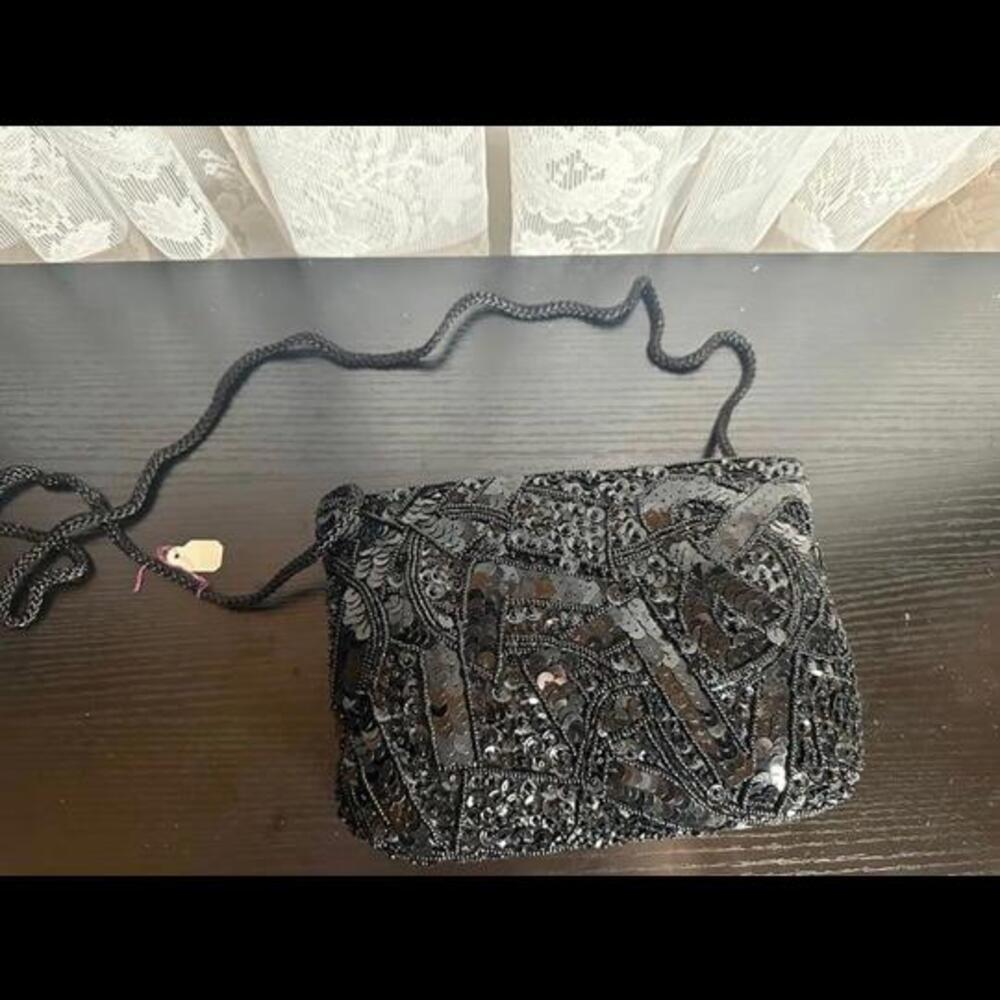 Vintage Black Beaded Sequin Bag with Rope Strap